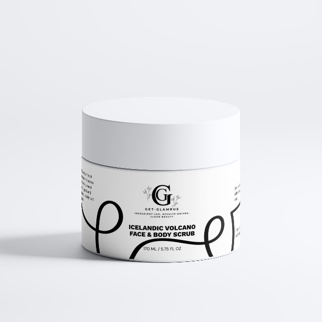 "get-Glamrus" jar of Icelandic Volcano Face & Body Scrub on a white countertop with white background