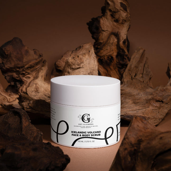 "get-Glamrus" jar of Icelandic Volcano Face & Body Scrub on display with natural wood