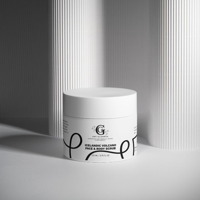 "Get-Glamrus" jar of Icelandic Volcano Face & Body Scrub on a white shelf