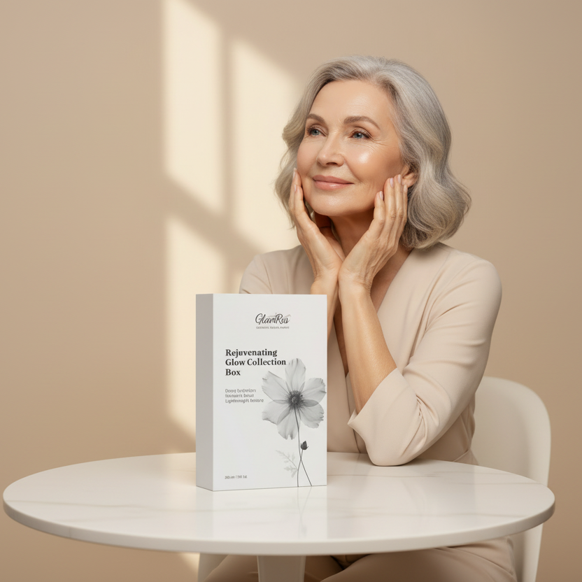 Woman sitting at a table with a skincare product box in front of her against a beige background